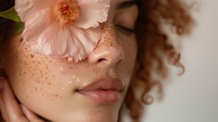 A close-up of a woman with freckles closed eyes and a flower petal resting on her eyelid with her hand gently touching her cheek.