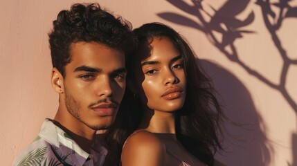 A young couple posing for a portrait with a soft warm light casting shadows on a pink wall creating an intimate and romantic atmosphere.