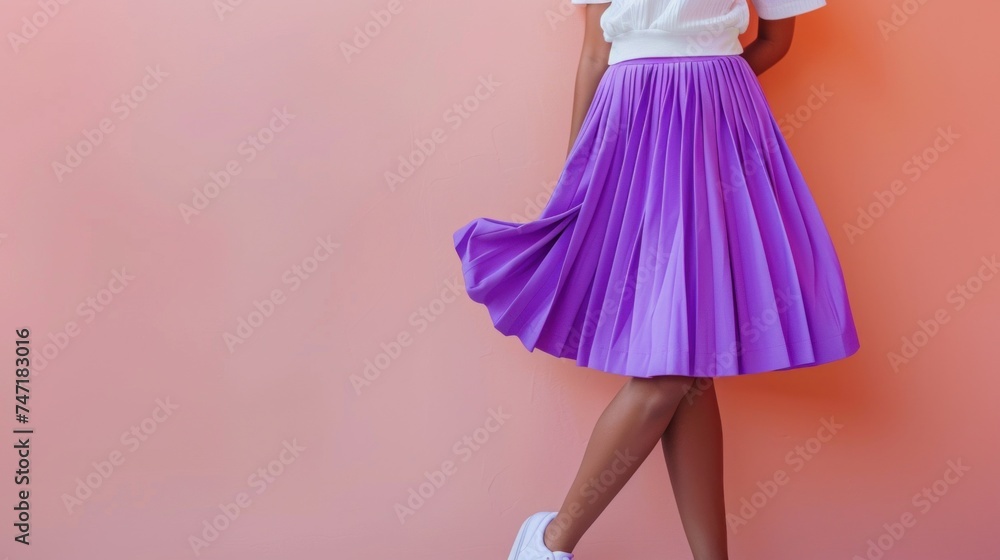 Poster A woman in a purple pleated skirt and white top standing against a pink wall.