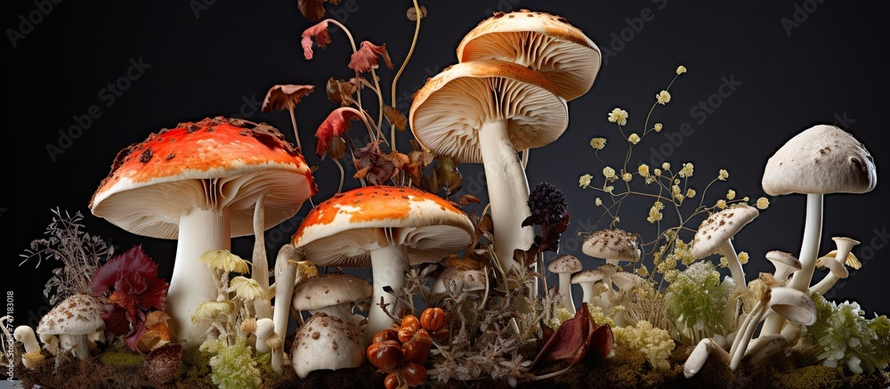 Poster a cluster of mushrooms is positioned atop a vibrant green field, blending seamlessly with the natura