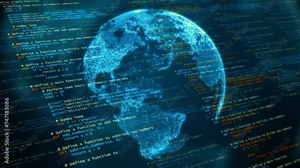 Poster animation of computer programs or codes over futuristic planet earth