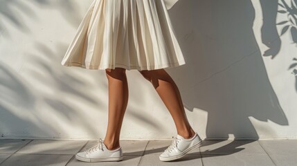 A person standing in front of a white wall wearing a white skirt and white sneakers with sunlight casting a shadow on the wall.