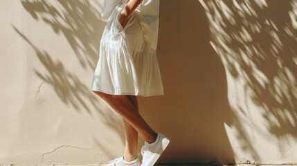 A person in a white dress standing against a wall with a shadow of leaves. - 747183045