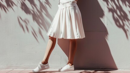 A woman in a white dress and sneakers standing in front of a wall with a shadow cast by a tree. - 747183055