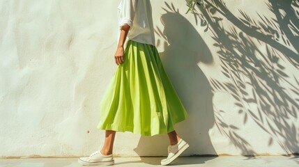 A person in a white shirt and a bright green midi skirt standing in front of a white wall with shadows of leaves cast on it. - 747183057