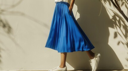 A person wearing a blue pleated skirt and white sneakers standing against a white wall with sunlight casting shadows.