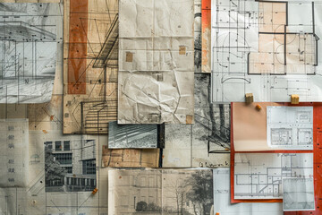 flat lay arrangement of sketch plans and blueprints overlaid with design sketches and inspirational images, providing insight into the creative process of an architect, photo