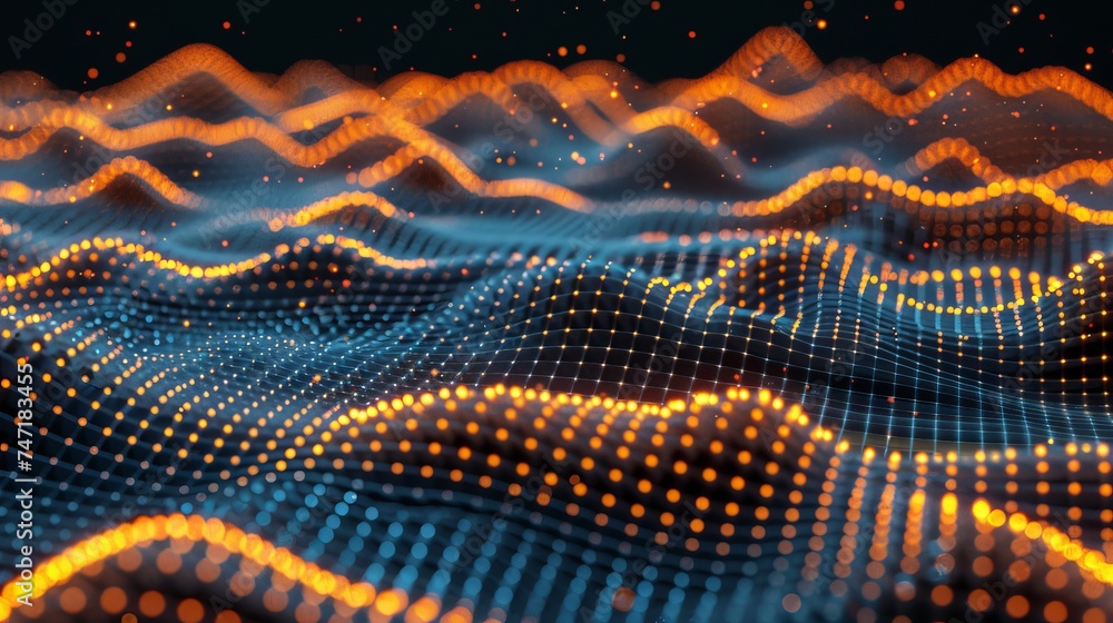 Poster dark abstract design background with futuristic waves and magical bokeh effects for graphic use