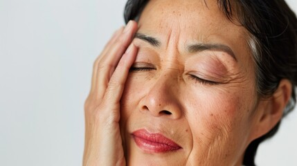A woman with closed eyes pressing her hands against her temples showing a moment of deep thought or concern.