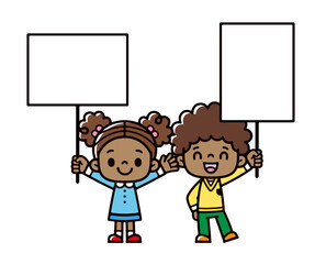 Illustration of smiling black children holding placards