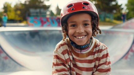 Young child with a big smile wearing a red helmet sitting at a skate park with a colorful graffiti...