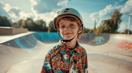Young skateboarder with a helmet smiling at the camera standing in a skate park with colorful ramps...