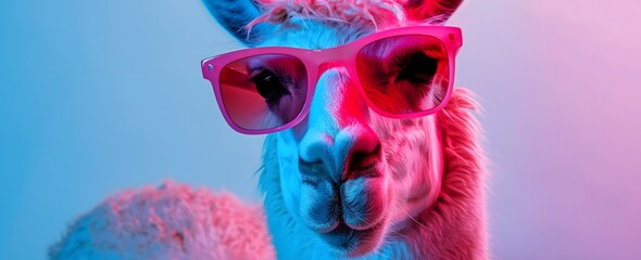 Cooles Lama mit Sonnenbrille, pink blauer Hintergrund