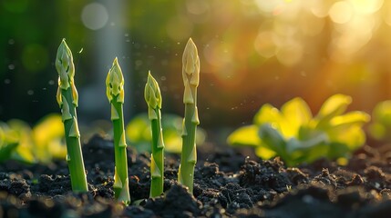 Asparagus seedlings that are rooted in natural daylight prosper in the daylight and space, Generative AI. - obrazy, fototapety, plakaty