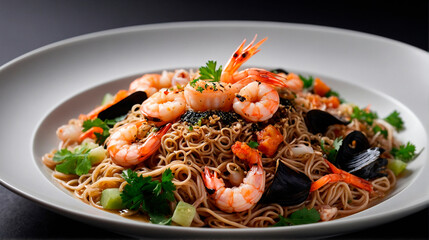 Top view of thai noodles with shrimp and egg in a black ceramic plate on a table