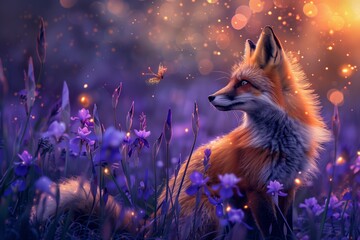 Cute Mischievous orange forest fox in Iris flowers, being cute with fireflies and purple sparkles.