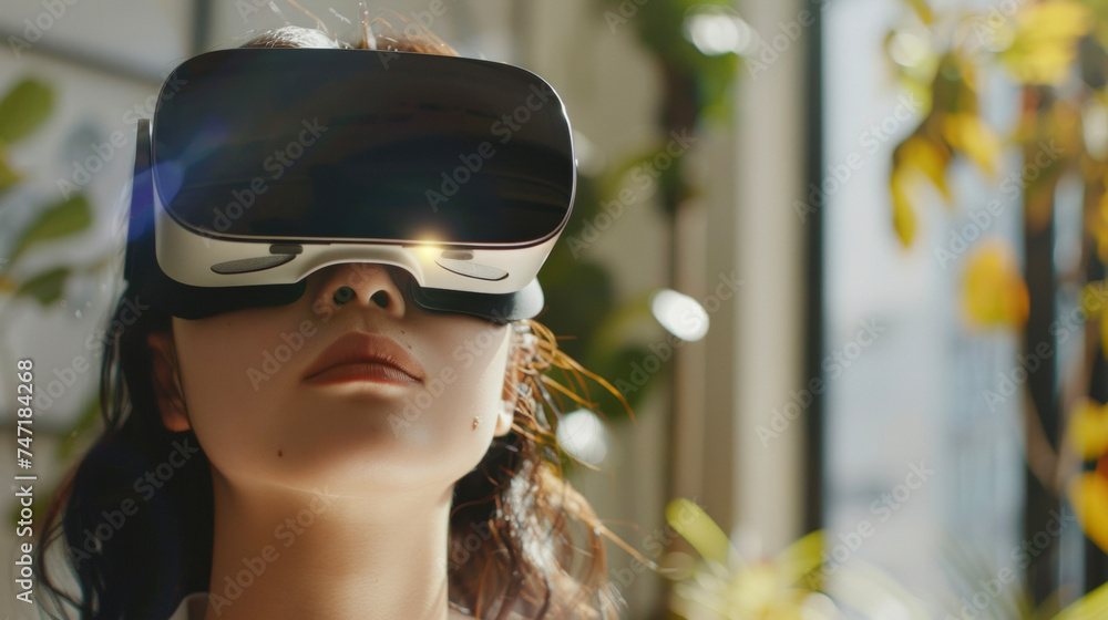 Poster a closeup of a users face wearing an ar headset fully immersed in an interactive virtual reality env