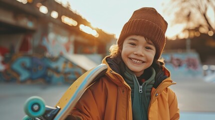 Young skateboarder with a warm smile wearing a brown beanie and an orange jacket holding a yellow...