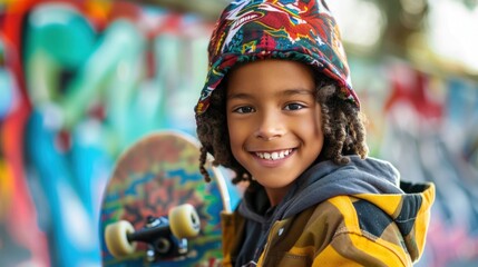 Fototapeta premium Young child with a vibrant smile wearing a colorful hat holding a skateboard with a colorful deck standing in front of a colorful mural.