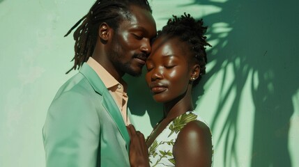A couple sharing a tender moment their faces close together with the man's hand gently resting on the woman's back set against a soothing green backdrop. - obrazy, fototapety, plakaty