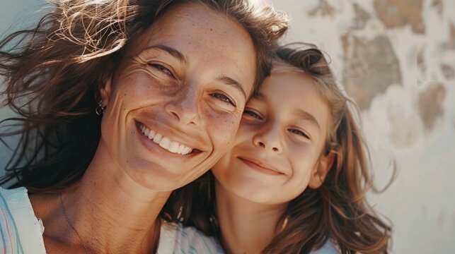 A mother and daughter smiling together sharing a joyful moment with their hair blowing in the wind.