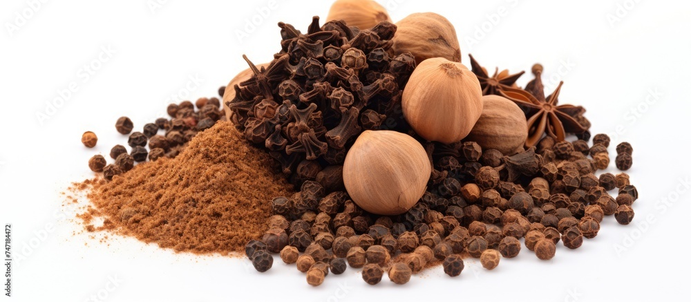Poster a mound of ground cocoa and various nuts is scattered across a clean white surface. the cocoa powder