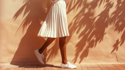 A woman in a white pleated skirt and white sneakers walking on a brick floor with a shadowy background.
