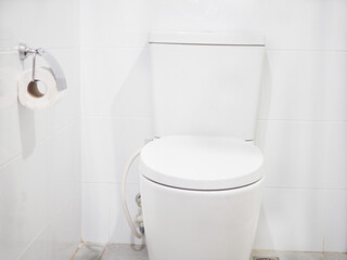 White toilet bowl in the bathroom. Closeup photo, blurred.