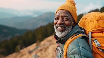 An elderly man with a white beard and mustache wearing a blue jacket an orange beanie and carrying an orange backpack smiling and looking to the side standing on a mountain background. - Powered by Adobe