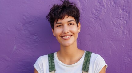 Smiling young person with short hair wearing a white t-shirt and green suspenders against a purple textured wall.