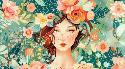 Vector colorful illustration of a cute woman on a floral background of flowers