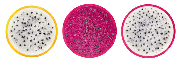 Isolated dragonfruit slices. Three cut in half pitahaya fruits (red and white fleshed) in a row isolated on white background with clipping path