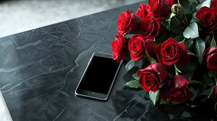 a big bouquet of red roses arranged elegantly on a wooden table next to a smartphone. Ensure there's plenty of empty space around for adding text or graphics.
