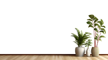 Wall transparent mockup with plants on a floor,Minimalist empty room with wooden floor.3d rendering