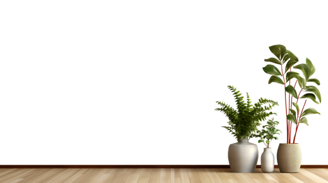 Wall transparent mockup with plants on a floor,Minimalist empty room with wooden floor.3d rendering