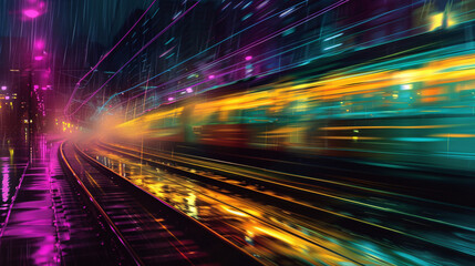 Fototapeta na wymiar Vibrant Night Cityscape with Blurred Motion Lights: Urban Railway in Rain Perfect for Wall Art and Digital Content