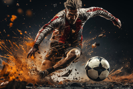 Konzept Action Fu&szlig;ball, Fu&szlig;ballspieler rennt dem Ball hinterher, Dynamische Bewegung, Schuss aufs Tor