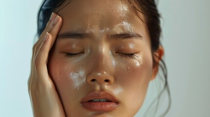 A woman with closed eyes her face glistening with moisture appears to be in a state of relaxation or perhaps emotional distress with her hand gently resting on her forehead.