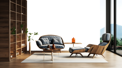 Modern luxury living room with armchair and stylish furniture in contemporary apartment design on transparent background.3d rendering