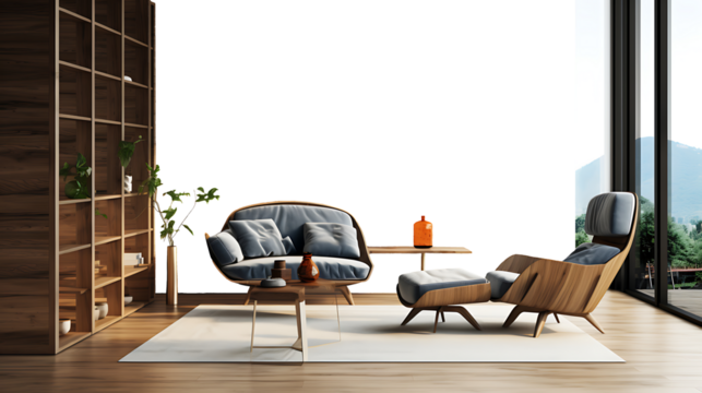 Modern luxury living room with armchair and stylish furniture in contemporary apartment design on transparent background.3d rendering