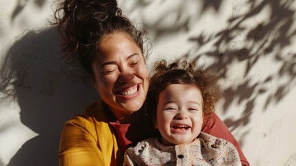 A joyful mother and child sharing a moment of happiness with the mother's radiant smile and the child's innocent laughter set against a backdrop of a white wall with shadows from trees. - obrazy, fototapety, plakaty