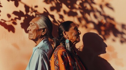 Two elderly Native American individuals standing side by side casting shadows on a textured wall 