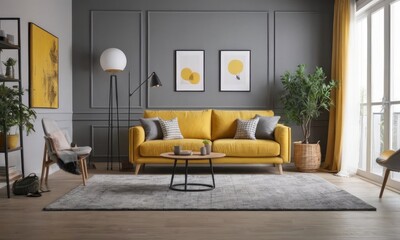 Stylish living room adorned with a grey wall, designer yellow sofa, trendy furniture, plants, and chic accessories.