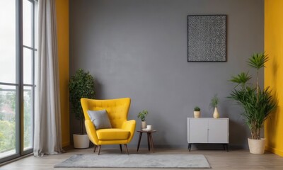 Modern living room presents a designer's touch, featuring a stylish yellow armchair, trendy furnishings, greenery, elegant decor,grey wall.