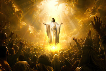 Jesus Christ son of god surrounded by followers and bright light returning to heaven