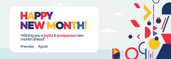 Happy New Month. Happy new month celebration banner with colourful text  and abstract retro elements, shapes. New month wishing cover banner, social media post.
