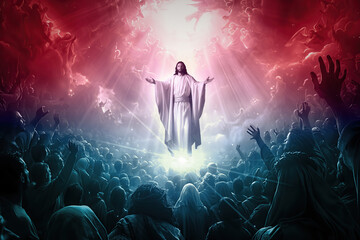 Red and Blue stylized illustration of Jesus returning to guide his followers back to heaven with bright light