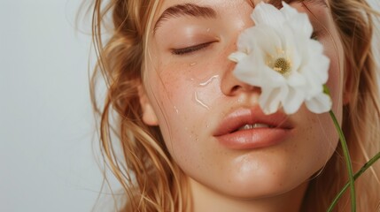 A close-up of a woman's face with closed eyes her skin glistening with droplets and a white flower touching her lips evoking a sense of tranquility and natural beauty.