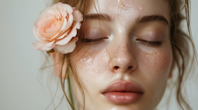 A close-up of a woman's face with closed eyes dewy skin and a single purple flower resting on her eyelashes. - Powered by Adobe
