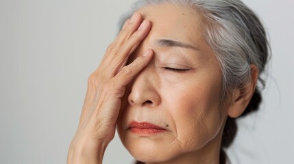 An elderly woman with closed eyes resting her hand on her forehead conveying a sense of concern or contemplation.